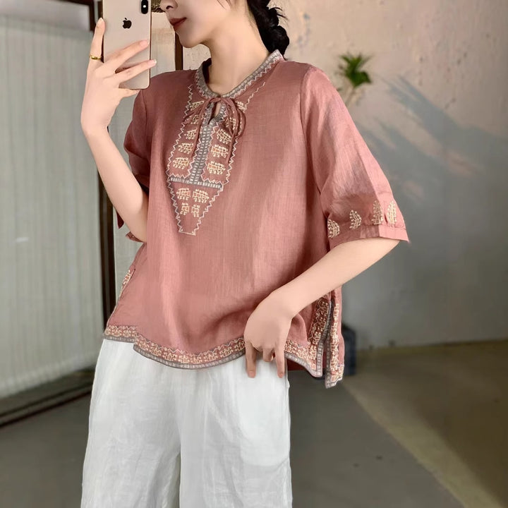Femme Broderet Sløjfebluse Stilla