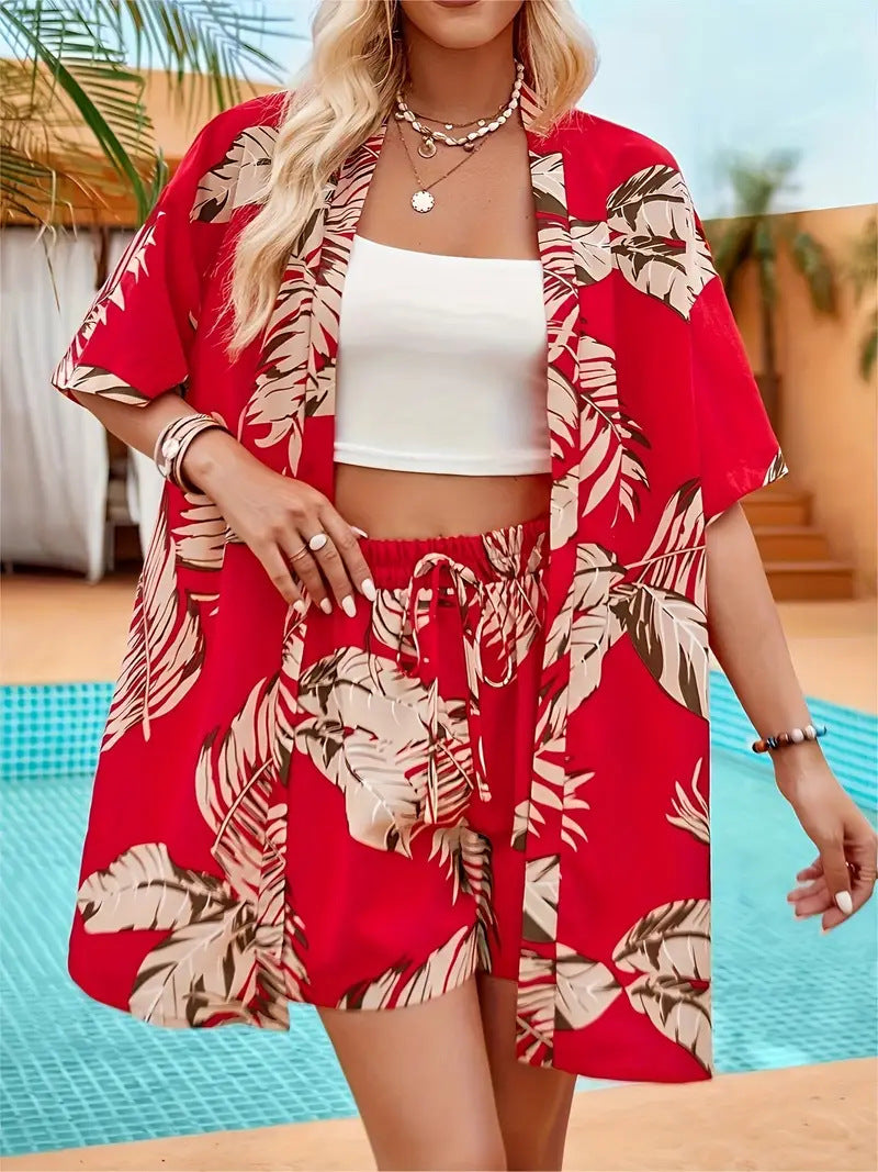 Dame Sommerlig Kimono-Style To-delt med blomstret bladmønster Stilla