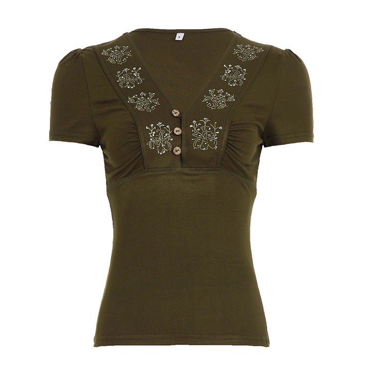Dame T-shirt med blomsterbroderi og knaplukning Skovae