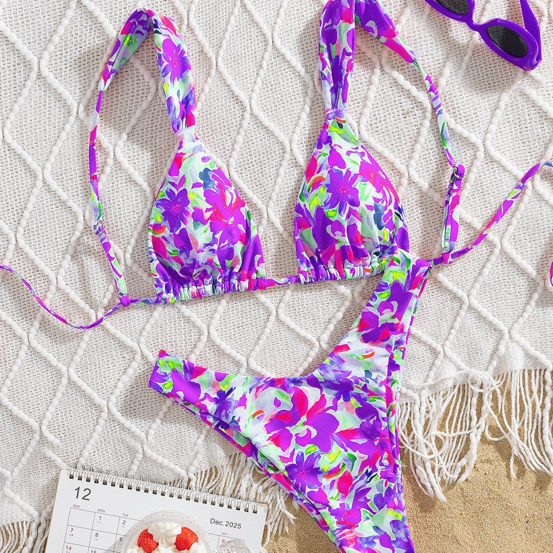 Damer triangel-bikini med farverigt blomsterdesign og justerbare stropper Skovae