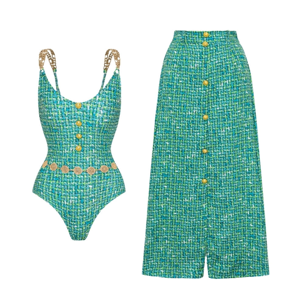 Dame one-piece badedragt med elegant knap- og bælteapplikation Skovae