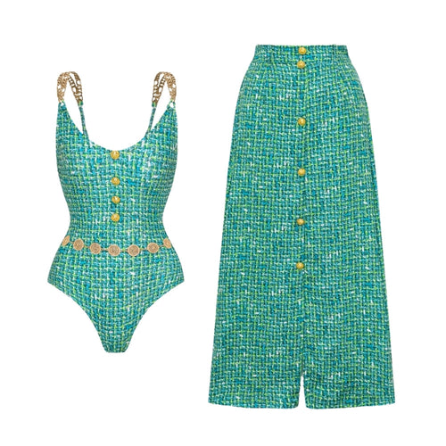 Dame one-piece badedragt med elegant knap- og bælteapplikation Skovae