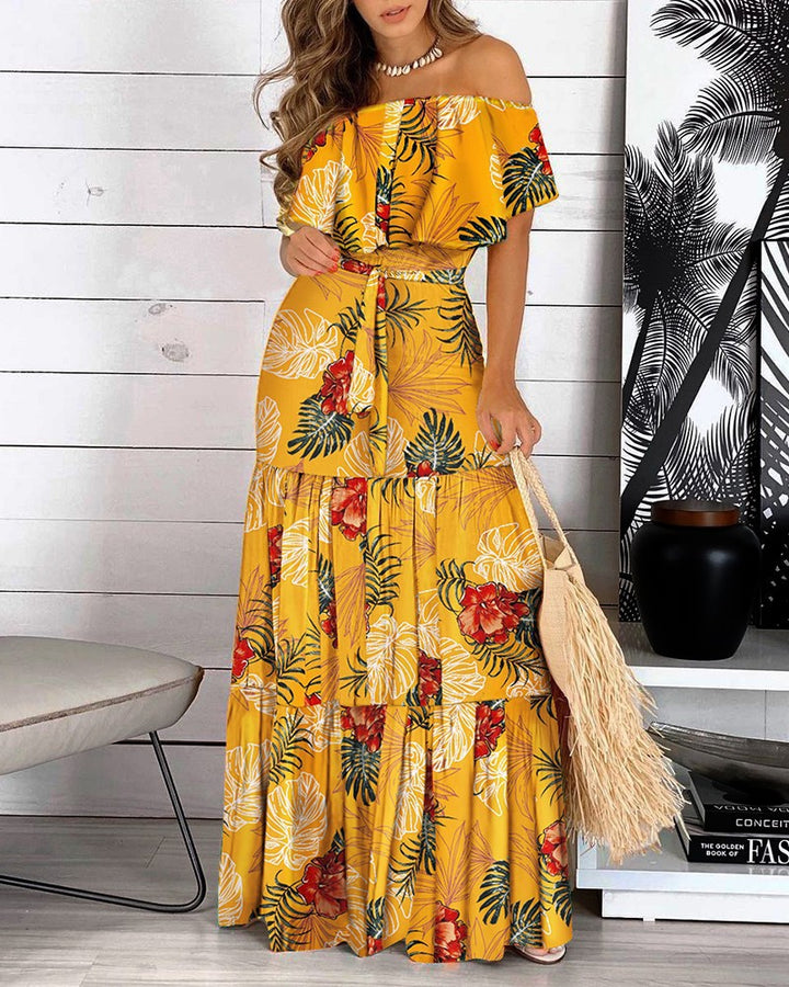Dame Off-Shoulder Maxikjole med flydende, lagdelt nederdel Stilla