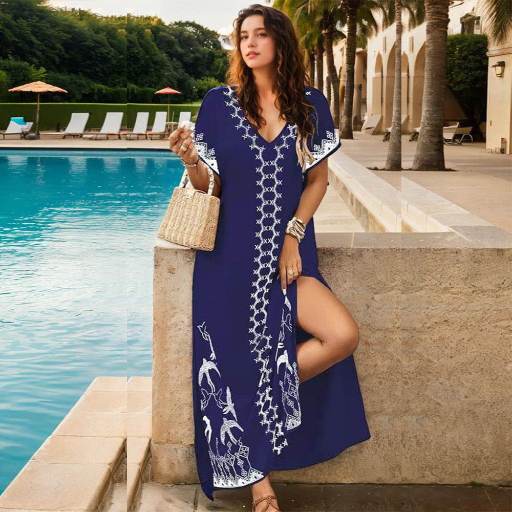 Dame Maxi-Kaftan med kunstnerisk broderimønster og sidelæg Stilla