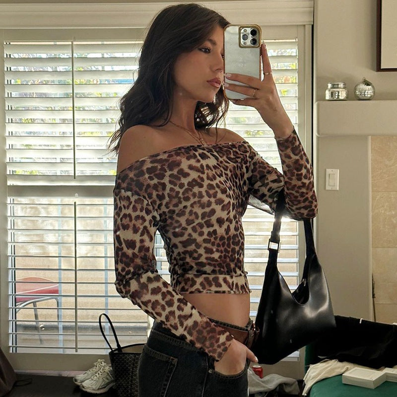 Damer Gennemsigtig Langærmet Bluse med Leopardmønster Skovae