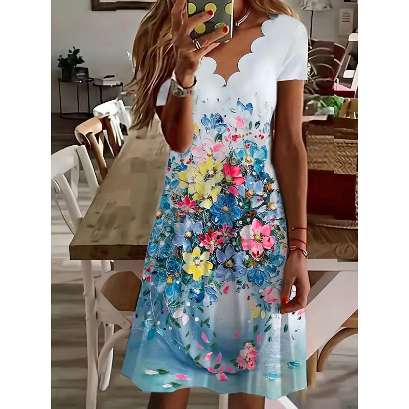 Dame Bølge-Udskæring Floral-Print A-Linie-Kjole Stilla