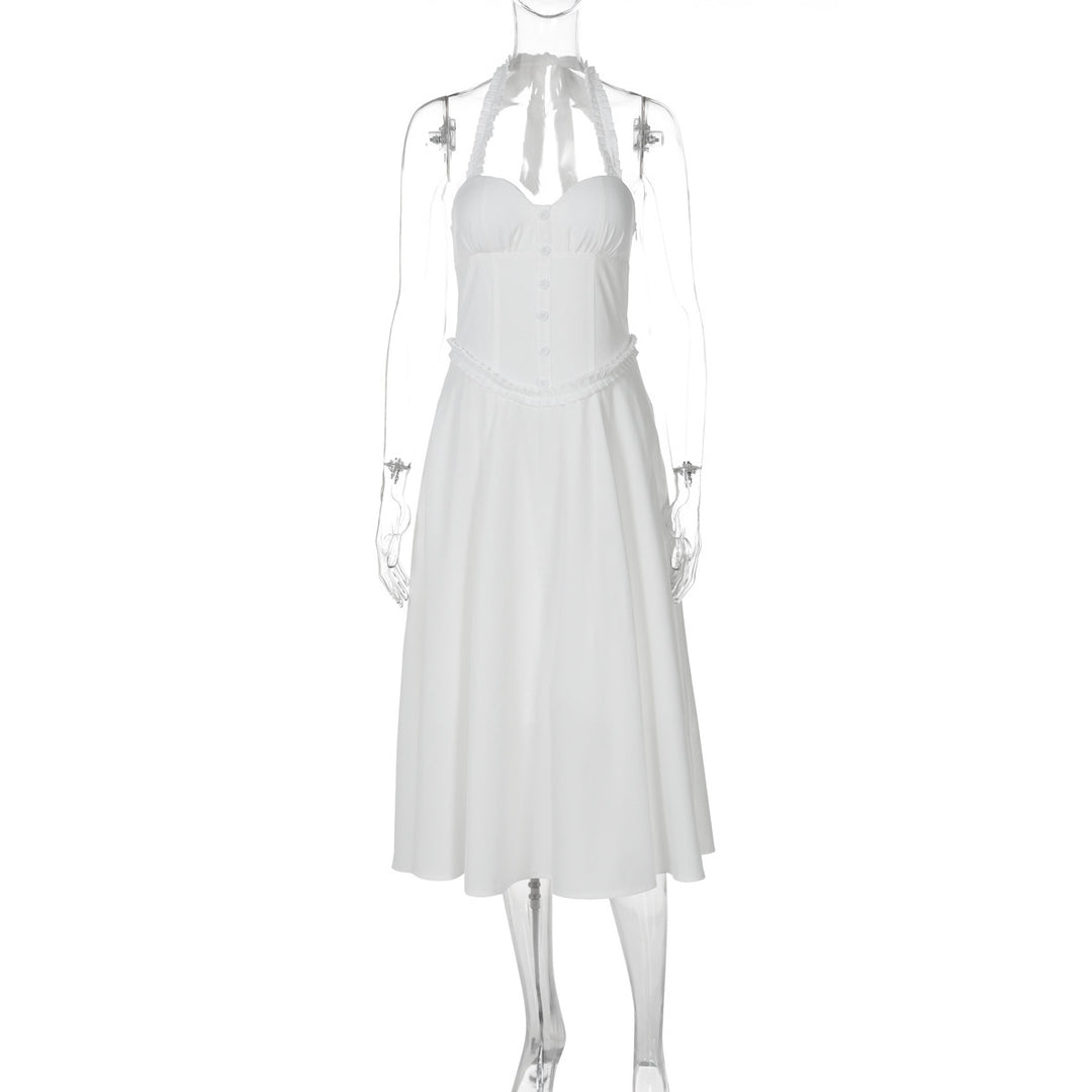 Dame Midi-kjole med elegant halterdesign og raffinerede flæsedetaljer Stilla