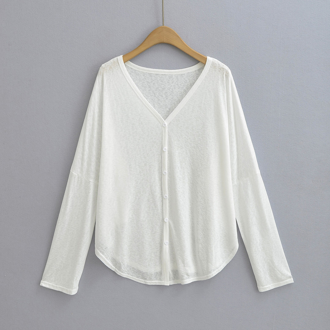 Dame langærmet shirt med elegant V-udskæring og knapbar frontdesign Stilla