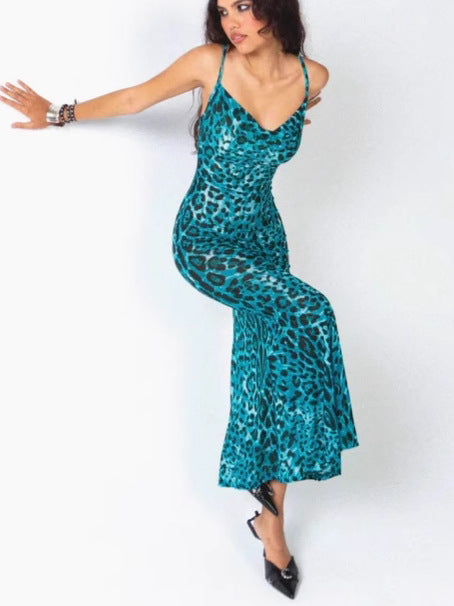 Femme Cowl Neck Lagdelt Lagdelt Dyreprint Maxi Kjole Stilla