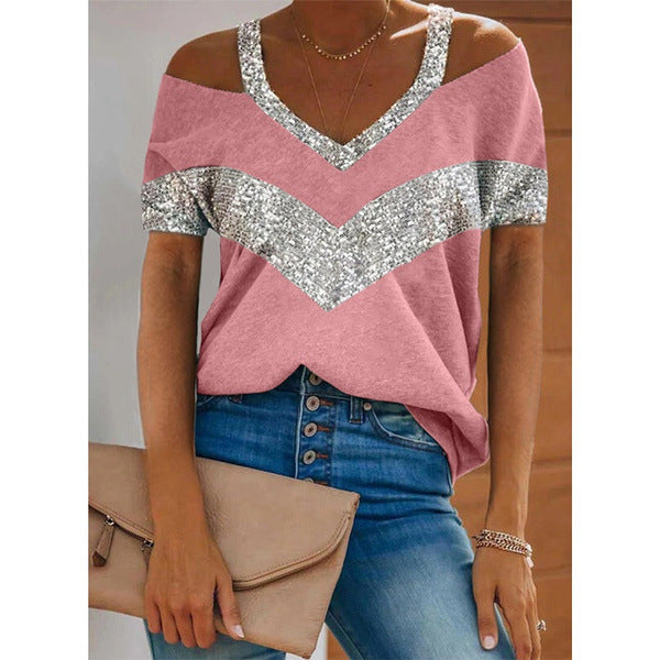 Dame V-hals Pailletter Akcent Fritidsbluse Stilla