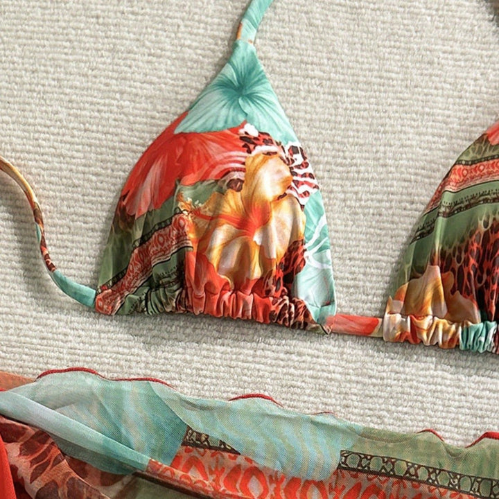 Dame Floral Bikini-Set med kombination af top og indpakningstørklæde Skovae