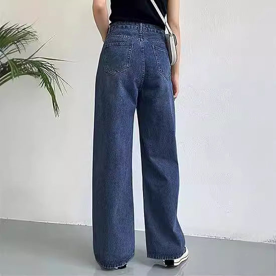 Dame brede høj talje jeans med komfortabel pasform og afslappet stil Skovae
