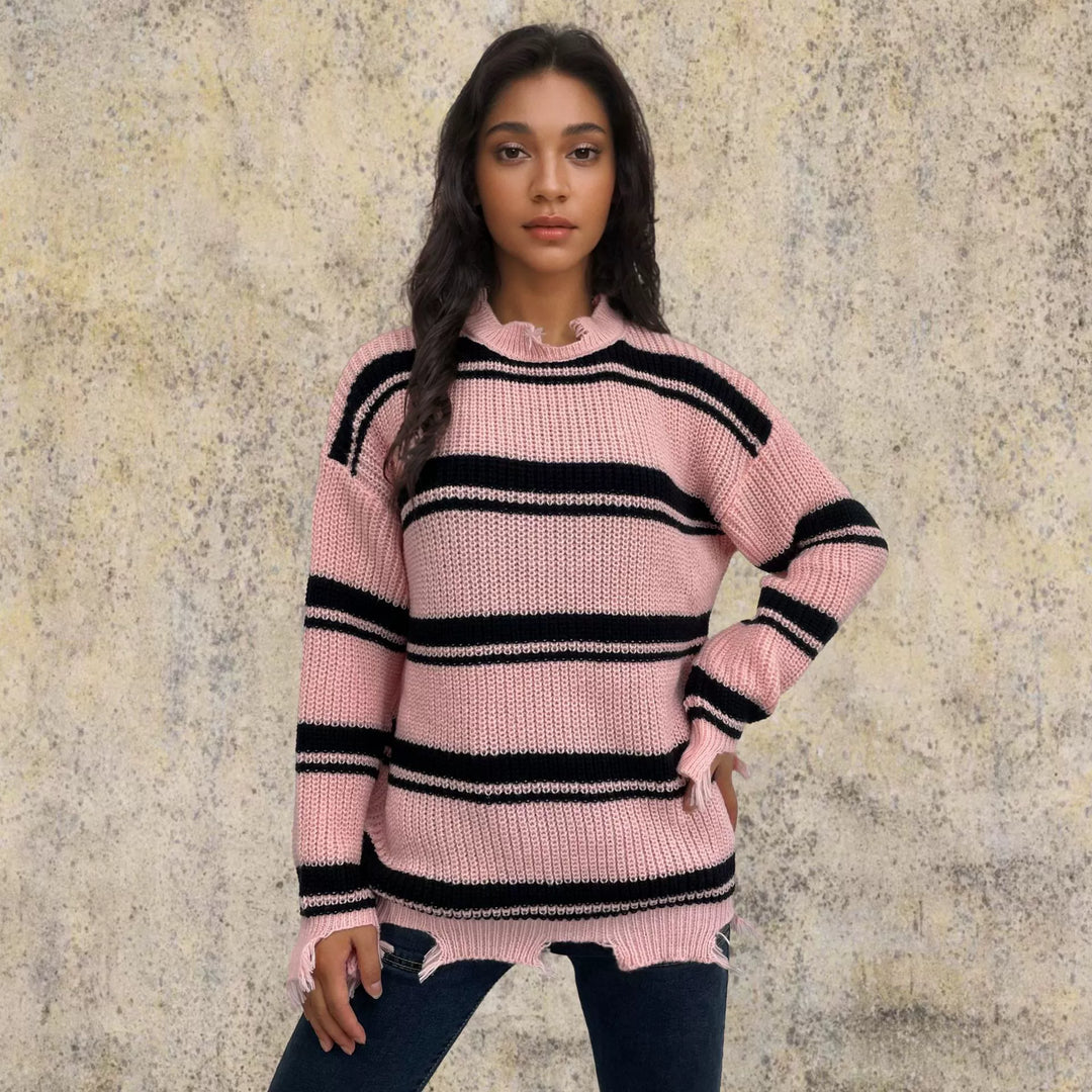Stilla | Pullover Pullover Oversize Fit Strikket Uld Kontraststriber Frynser Kant