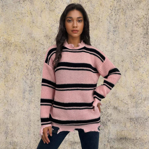 Stilla | Pullover Pullover Oversize Fit Strikket Uld Kontraststriber Frynser Kant
