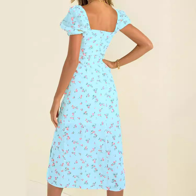 Dame Floral Midi Kjole med Puffærmer og Sideslids Stilla