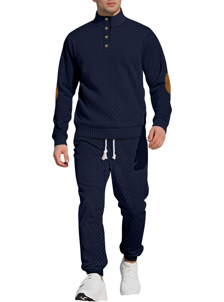 Herre nan struktureret strik-fritidsoutfit med halvknap-høj krave, daim-ellbogenlapper og snøre-bund joggers Skovae