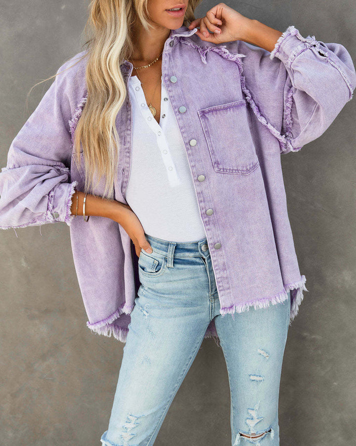Damer Oversized Denim-Skortejakke med frynset kant og patchwork-detalje Stilla