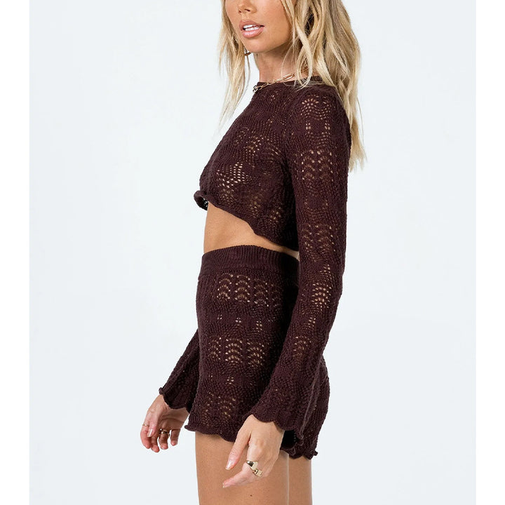 Dame elegant strik-crop-top og shorts sæt Skovae