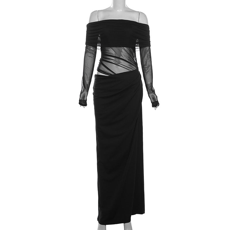 Dame elegant maxikjole med skulderfri design og transparent ærme-applikation Stilla