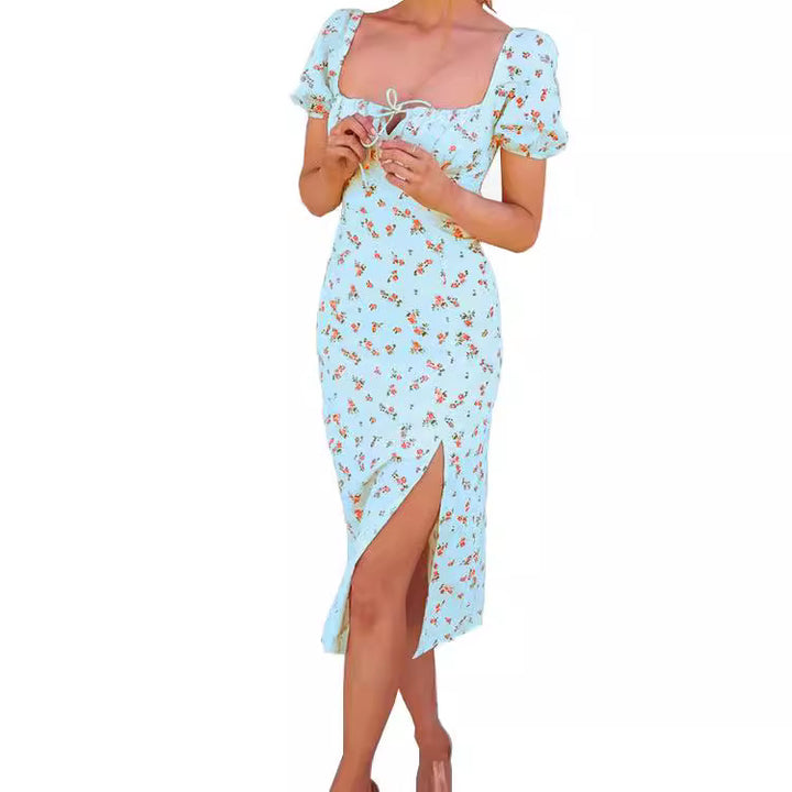 Dame Floral Midi Kjole med Puffærmer og Sideslids Stilla