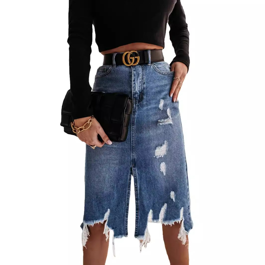 Kvinders afslappede denimskørt med asymmetrisk kant og ødelagte detaljer Stilla