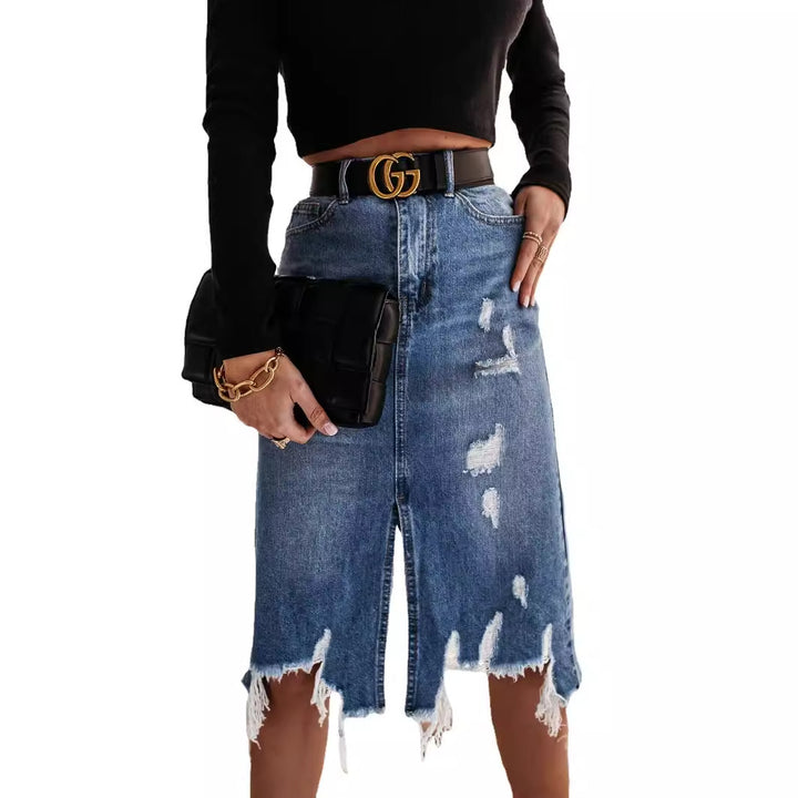 Kvinders afslappede denimskørt med asymmetrisk kant og ødelagte detaljer Stilla