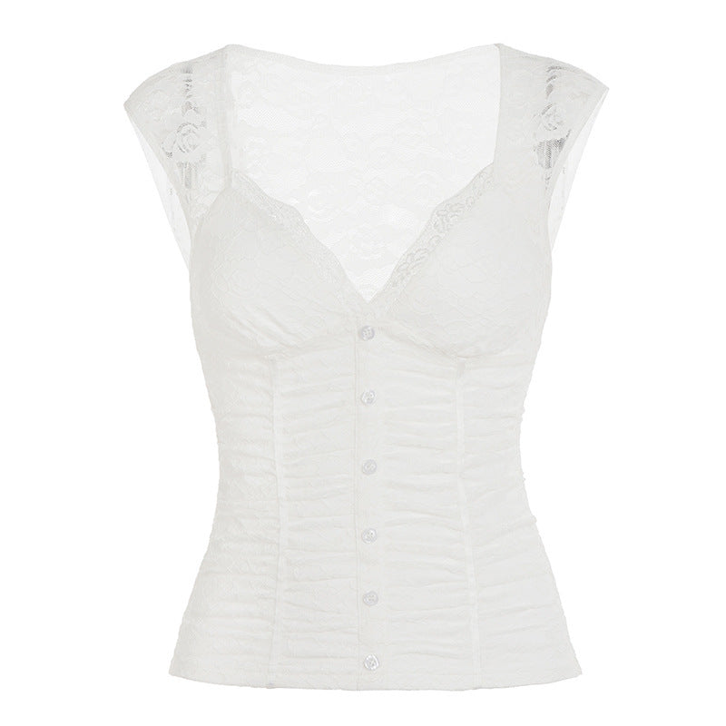 Dame Blonde-Cropped-Top med elegant V-udskæring og flæse detaljer Skovae