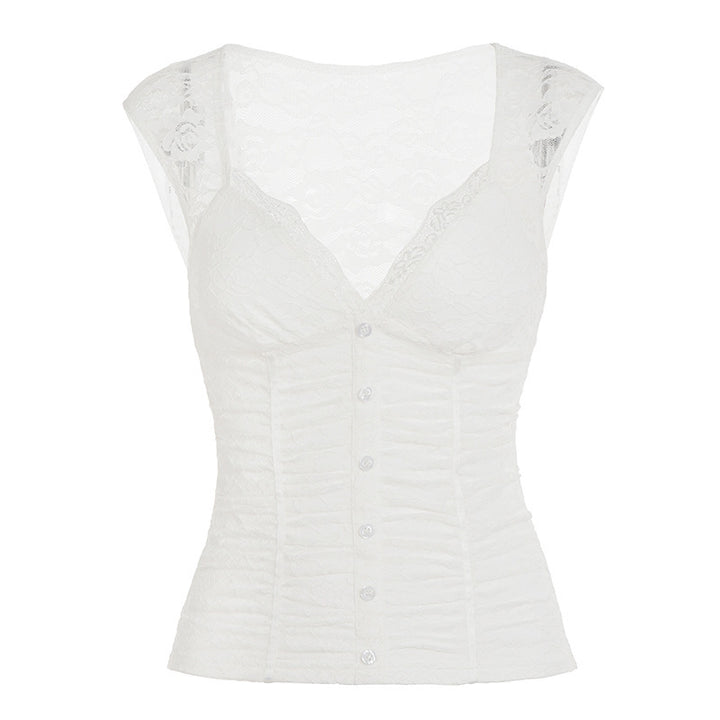 Dame Blonde-Cropped-Top med elegant V-udskæring og flæse detaljer Skovae
