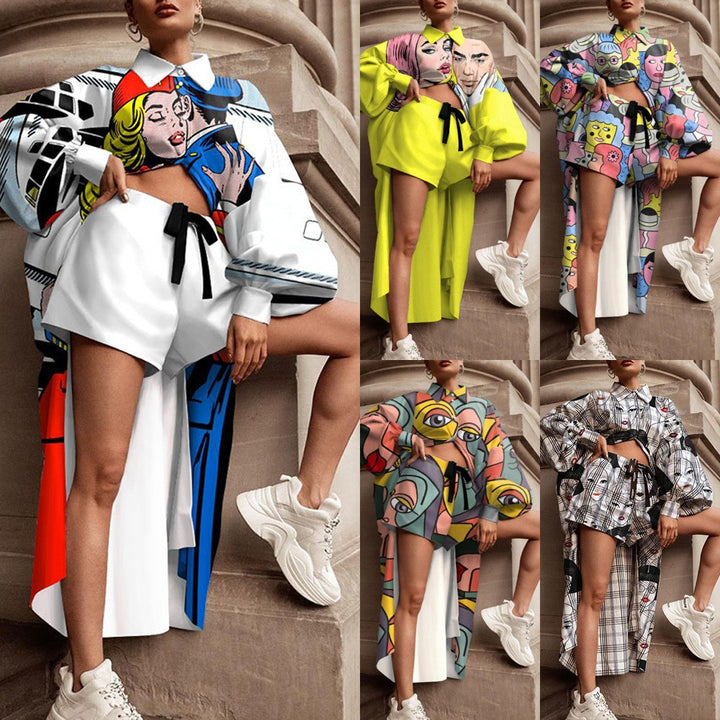 Dame Ternet Oversized-Skjortejakke med fashionabelt Print og Shorts Stilla