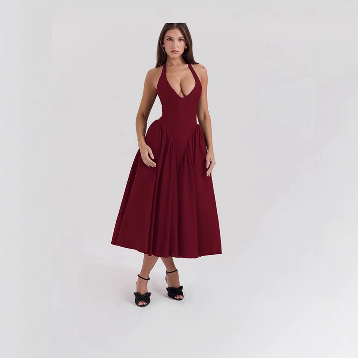 Dame nan figurskabende halterneck-bustier-midi-kjole med taljeret livform og vidde skørt Skovae