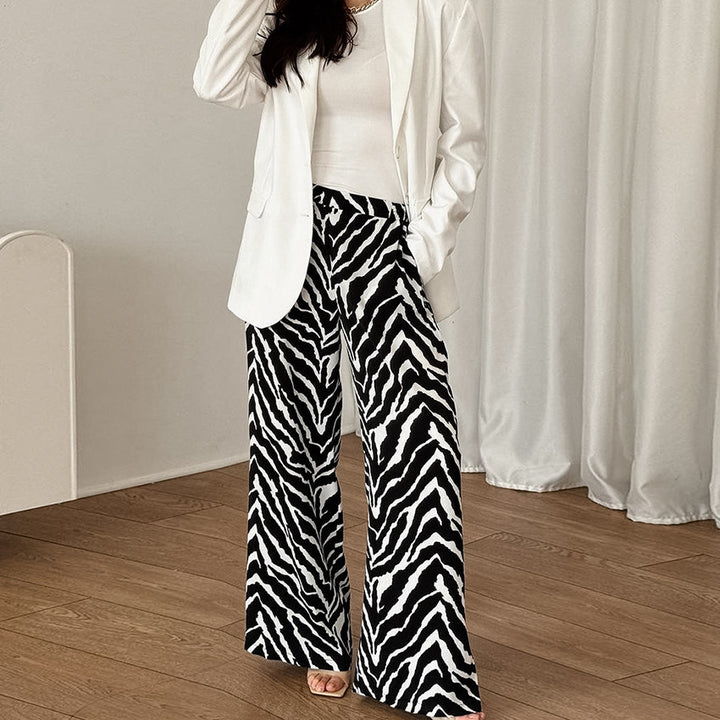 Dame bred Zebra-print Palazzo-bukser med elastisk talje og elegant snit Stilla
