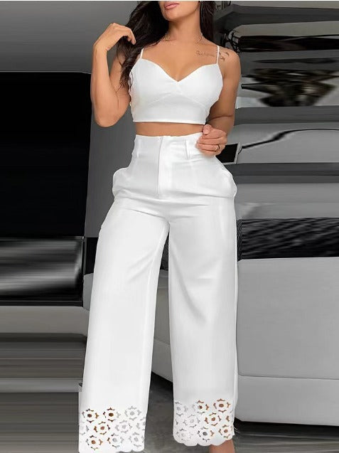 Dame To-delt Sæt med tidløst Crop-Top og elegant Højtaljebukser Stilla