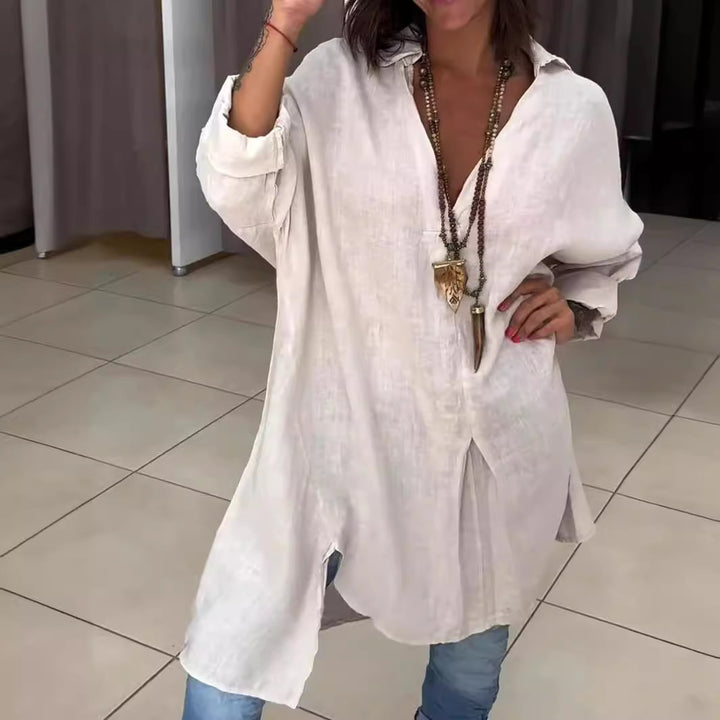 Dame Lettere Linned blouse med asymmetrisk snit og lange ærmer Stilla