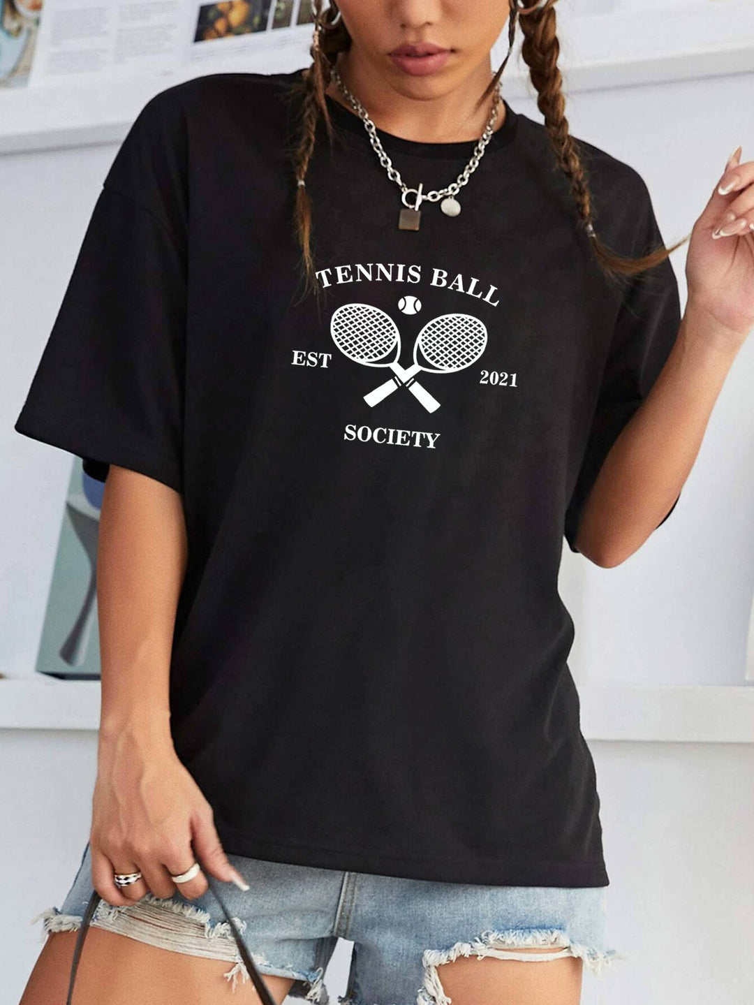 Dame afslappet T-shirt med trendy tennis-motiv Stilla