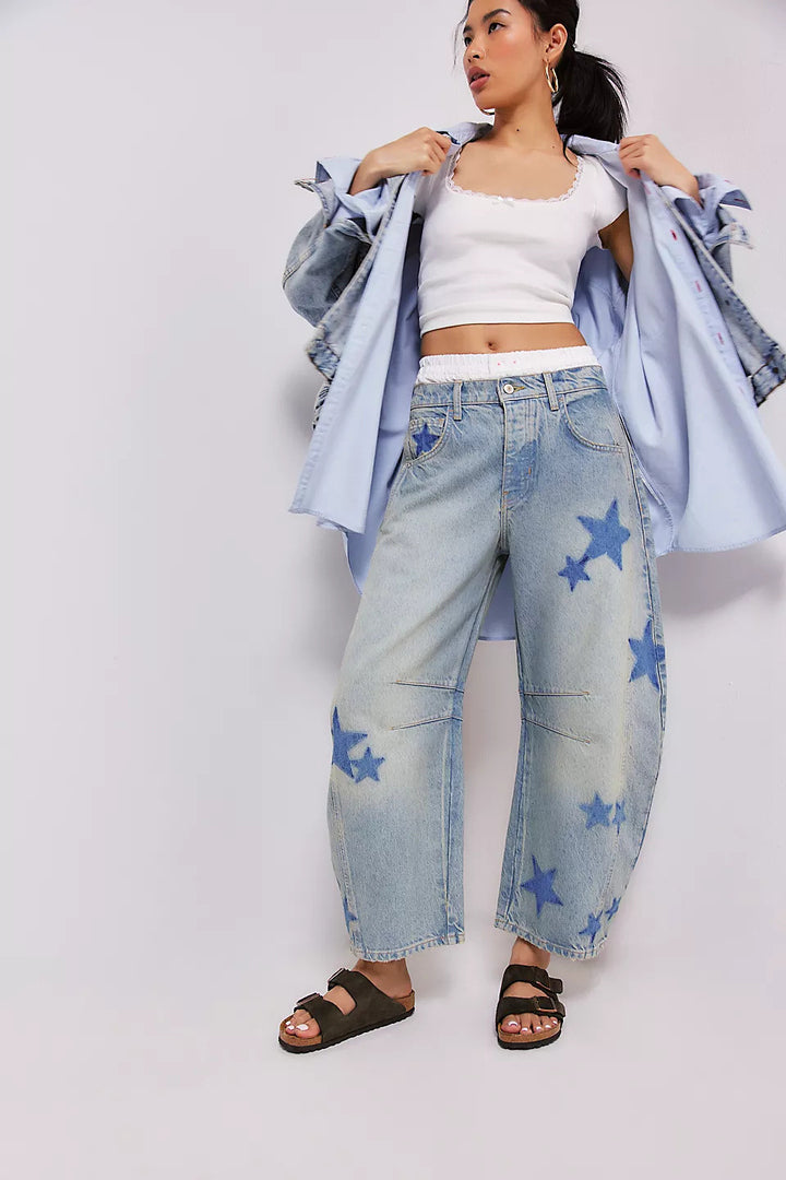 Dame Bred Jeans med Hjerte-Print og komfortabel Pasform Stilla
