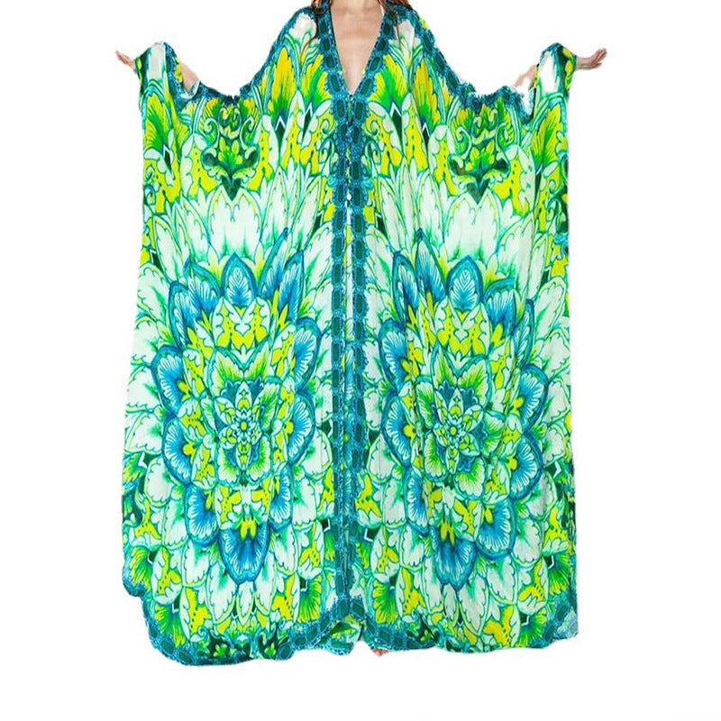 Dame luftig Maxi-Kaftan med blomsterdesign og elegant V-udskæring Stilla