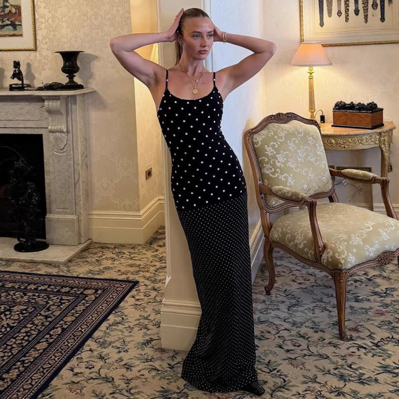 Dame Elegant Polka Dot Maxikjole med justerbare stropper og flydende snit Skovae