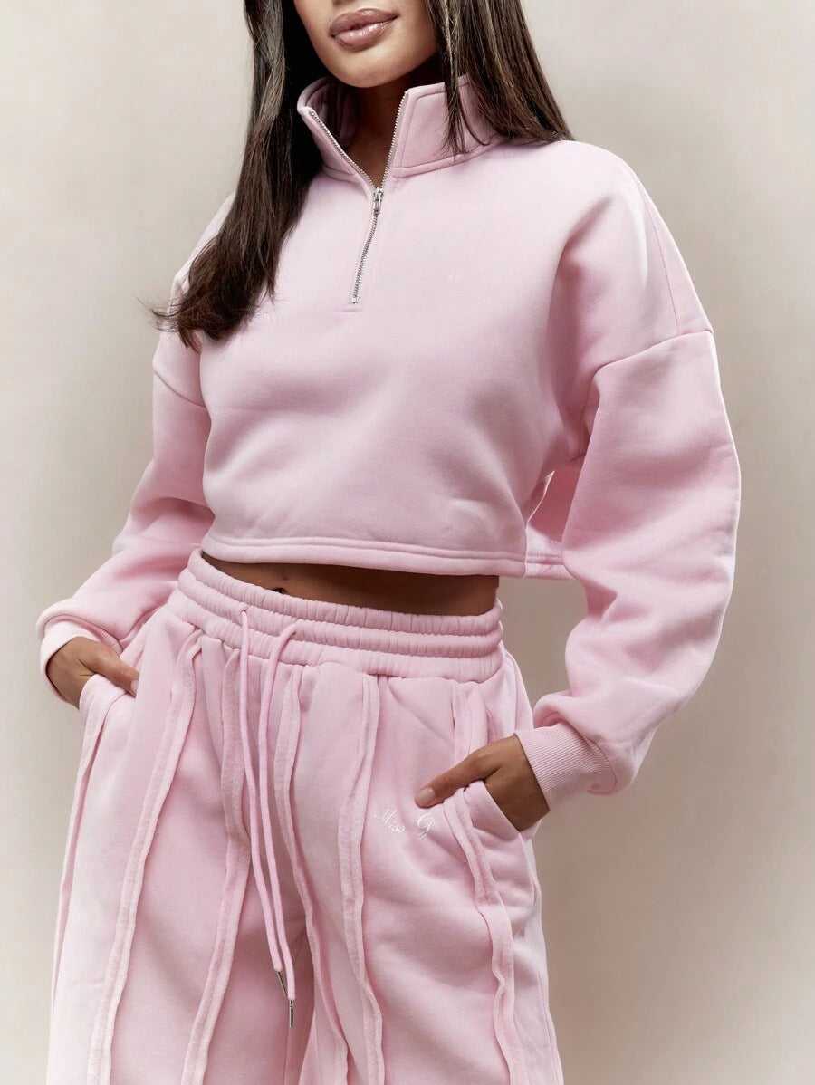 Dame cropped sweatshirt med moderigtig lynlås og behagelig taljeelbånd Skovae