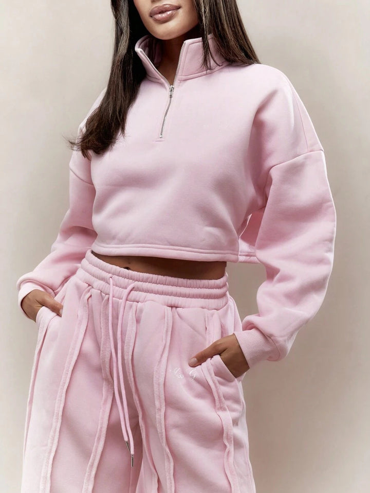 Dame cropped sweatshirt med moderigtig lynlås og behagelig taljeelbånd Skovae