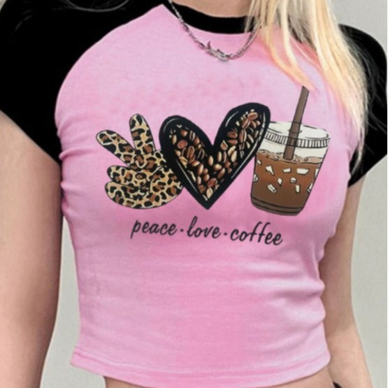 Dame Crop-T-shirt med kreativ kaffe-motiv og afslappet pasform Skovae