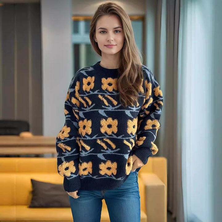 Kvindernes hyggelige strikket sweater med blomster 3D-applikationer Stilla
