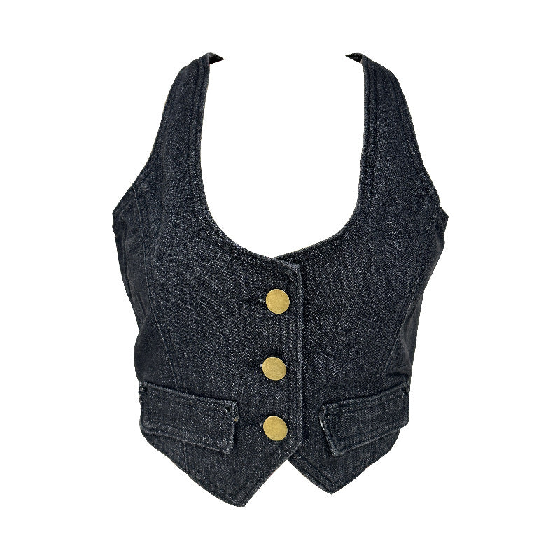 Dame Denim-vest med moderne V-udskæring og praktiske lommer Skovae