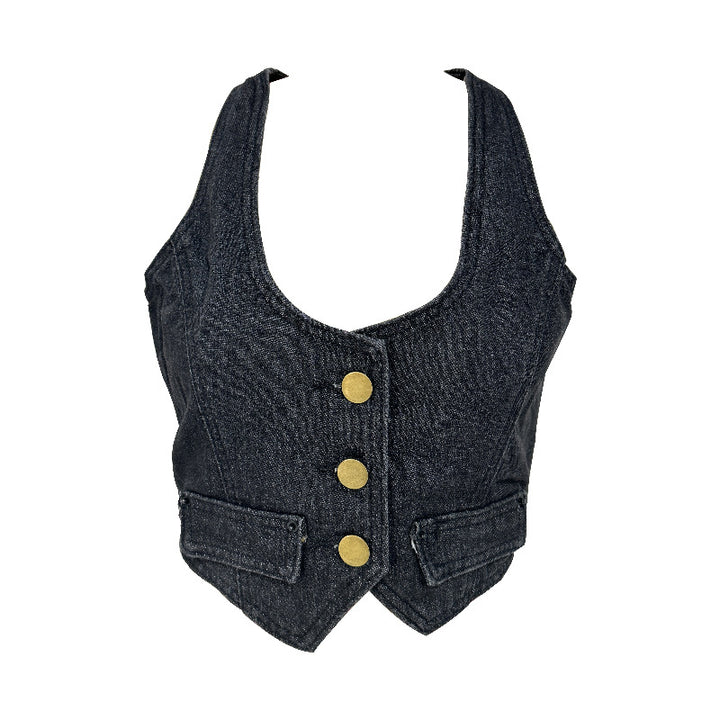 Dame Denim-vest med moderne V-udskæring og praktiske lommer Skovae