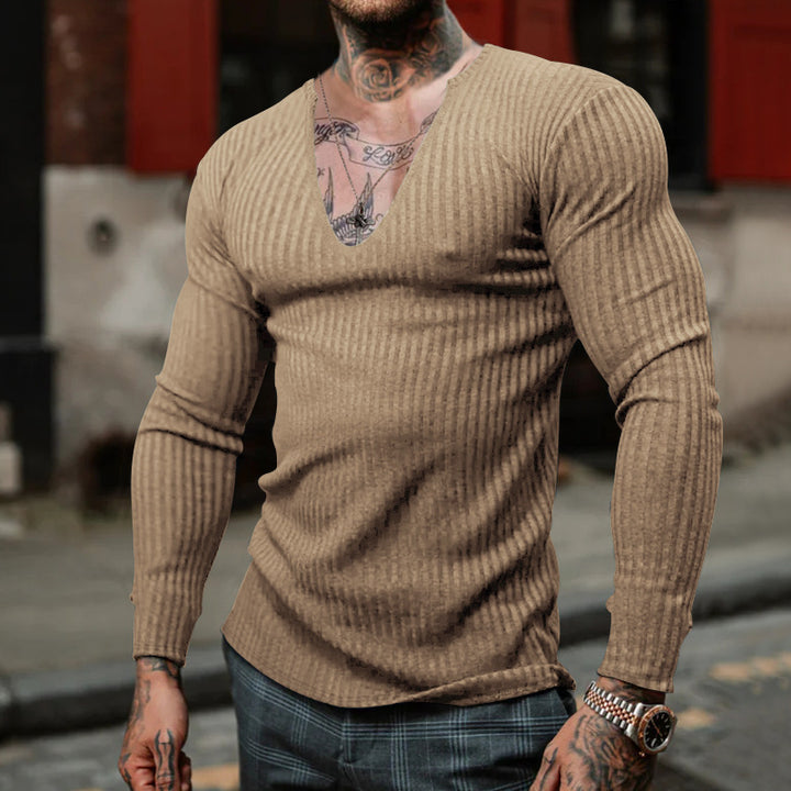 Herrer Langærmet Henley T-shirt med dyb V-hals og struktureret stof Stilla