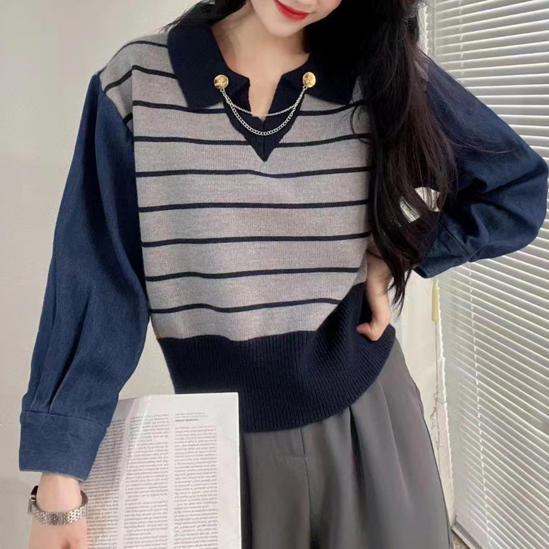 Damer elegant polo shirt sweater med kontrastkrave og dekorative knapdetaljer Stilla
