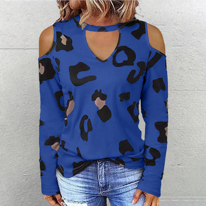 Dame langærmet shirt med fashionable cut-outs og moderne leopardmønster Stilla
