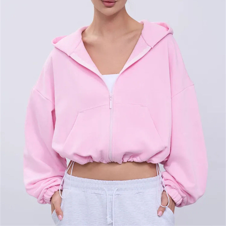 Kvinder Cropped Hoodie Jakke med Lynlås og Oversized Ærmer Skovae