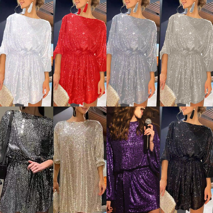 Dame Glamourøst Cocktailkjole med funklende Lurex-tråde og elastisk taljebælte Stilla