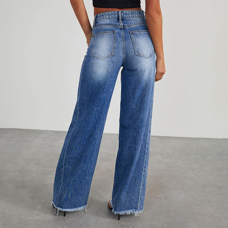 Dame løst skåret højtaljede jeans med frynset søm Stilla