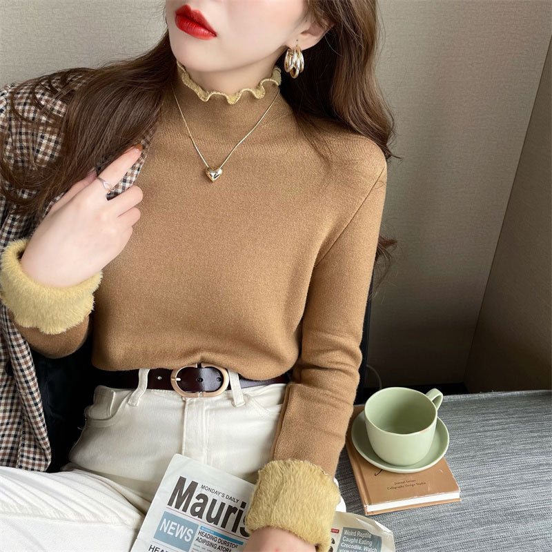 Kvinder Korte Turtleneck Sweater med Forskelligt Materiale Mix Stilla